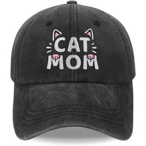 Cat Mom Hat, Cat Mom Gifts  Adjustable Size Baseball Cap Black Embroidered